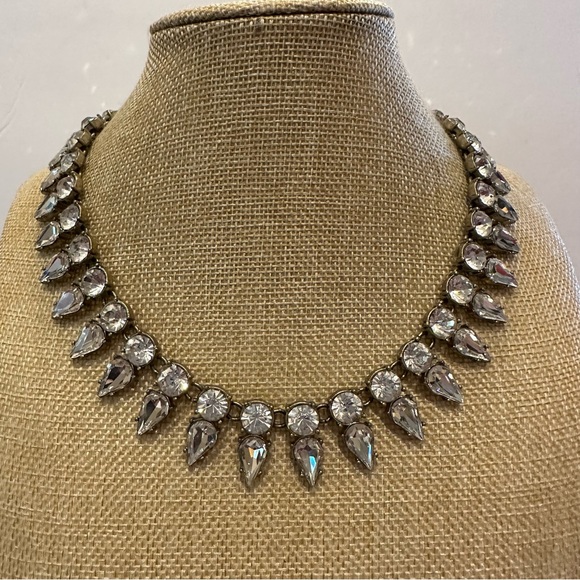 J. Crew Collar Statement Necklace gold w/ 2 rows of clear crystals end to end - Picture 3 of 12